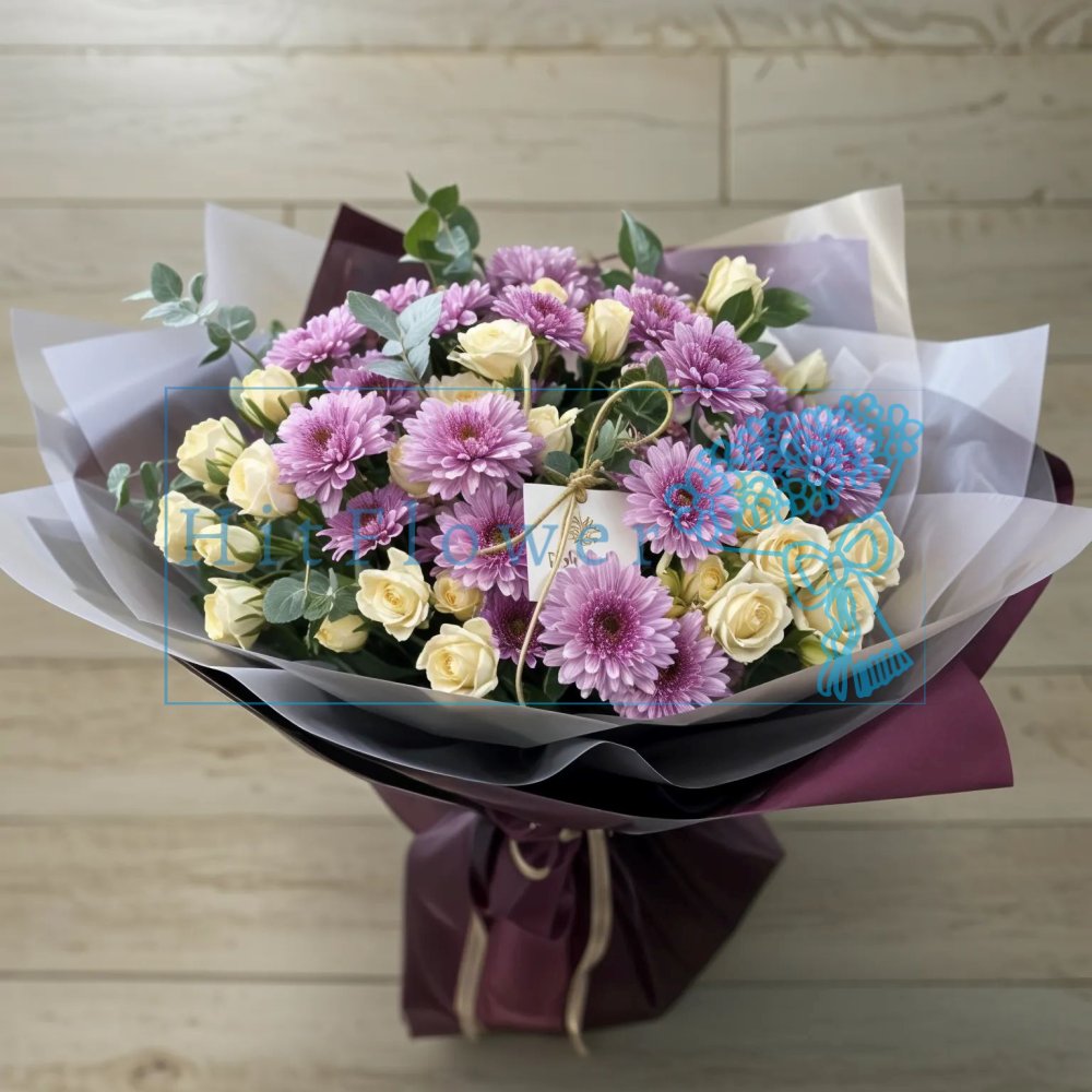 Букет цветов из: Хризантемы и Розы